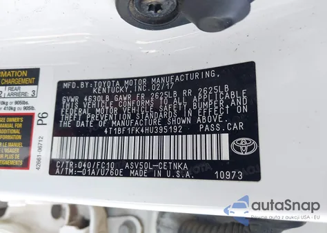 2017 Toyota Camry Le z USA, uszkodzony, nr VIN 4T1BF1FK4HU395192